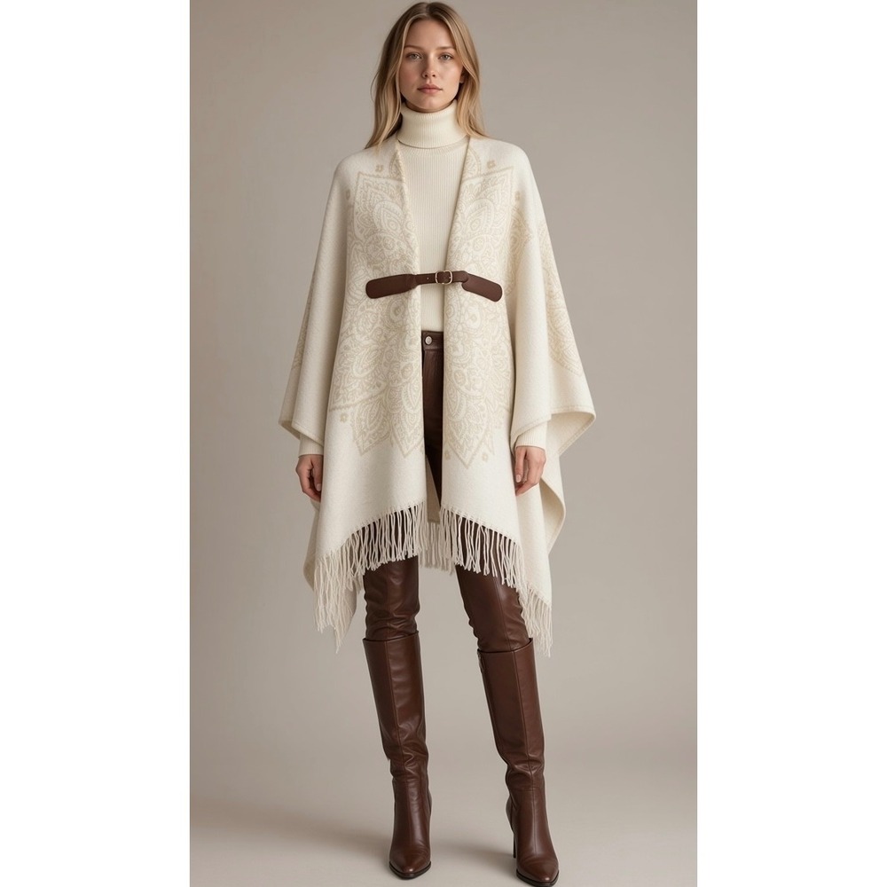 INC International Concepts Cream Paisley Buckle Wrap Poncho OS One Size Cream
